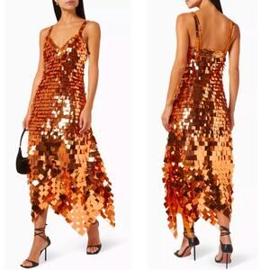 Jonathan Simkhai Indra Sequin Embellished Asymmetric Orange Maxi Dress Sz 2